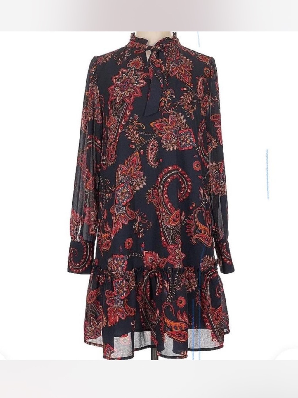 Womens loft Navy Paisley Tie-Neck Long Sleeve Dress